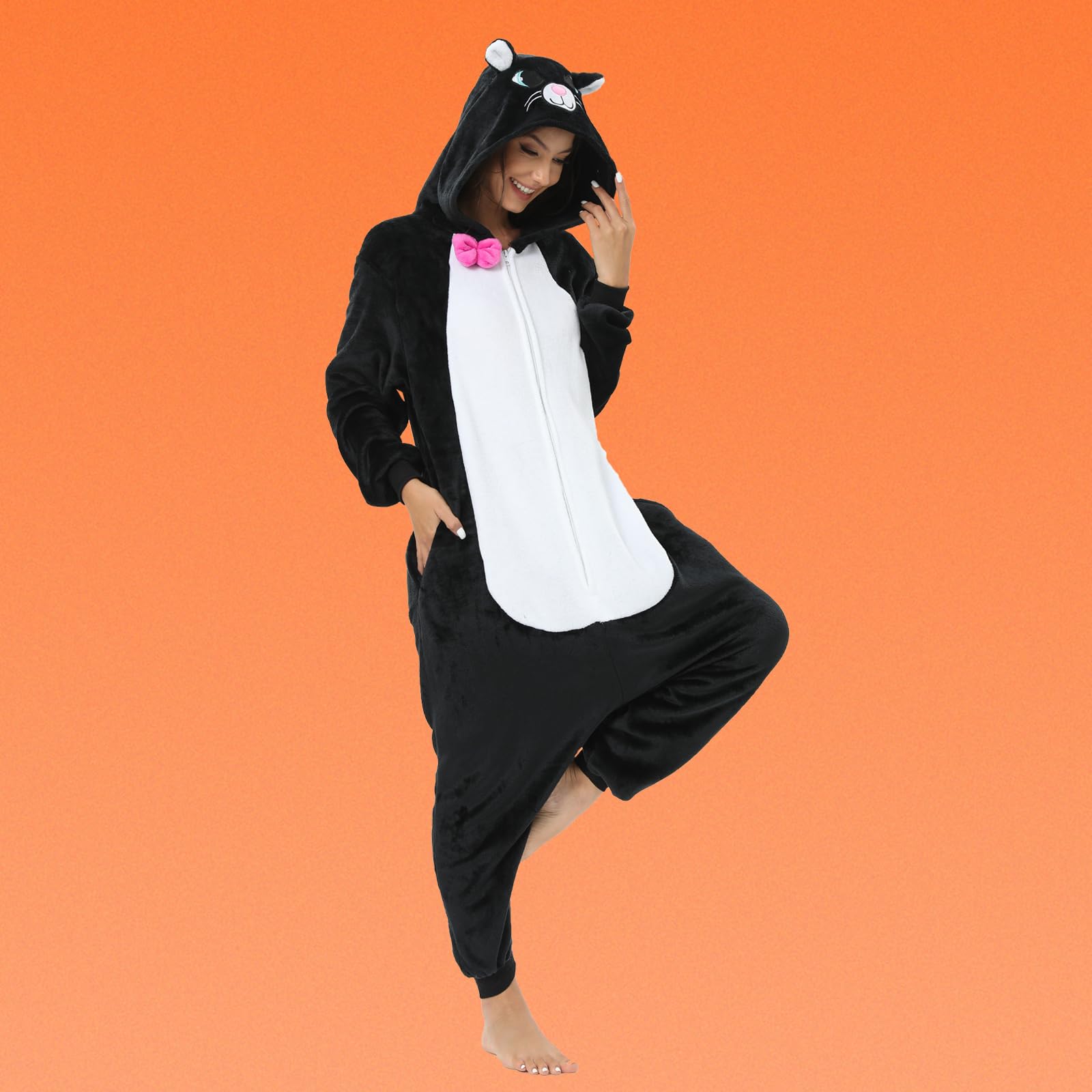 Piżama jednoczęściowa dla dorosłych zwierzę jednoczęściowy kostium czarnego kota Halloween cosplay dla kobiet mężczyzn