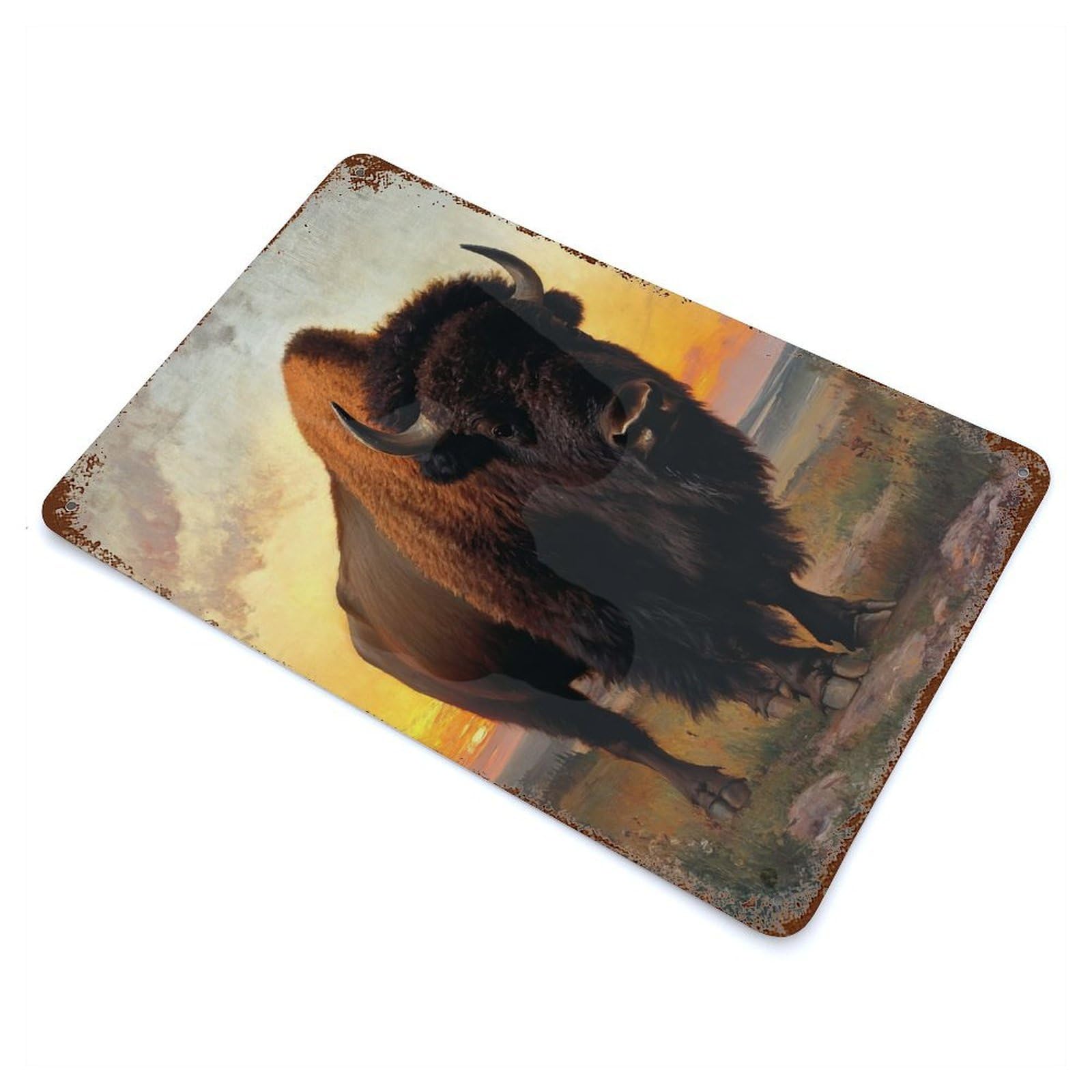 Bison at Sunset Aged Metal Wall Plaque 11.8"x7.9", Industrial Home Decor for Pub, Kitchen And Man Cave Decor