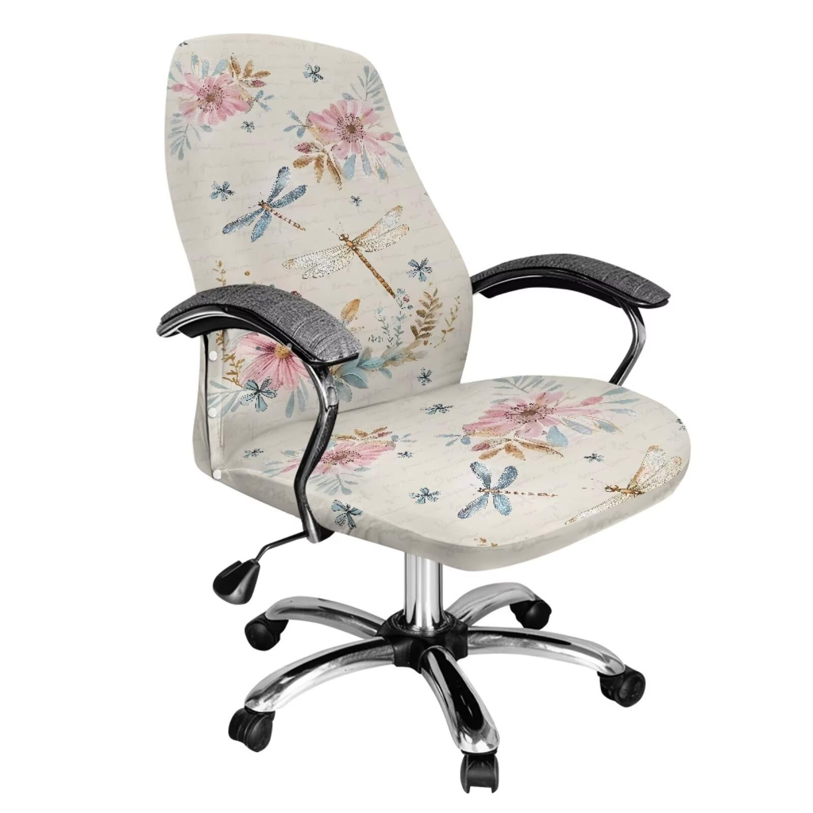 Xorudoydet Dragonfly Floral Letter Print Office Chair Cover, Removable Office Chair Seat Covers Breathable Rotating Chair Slipcovers Water Resistant
