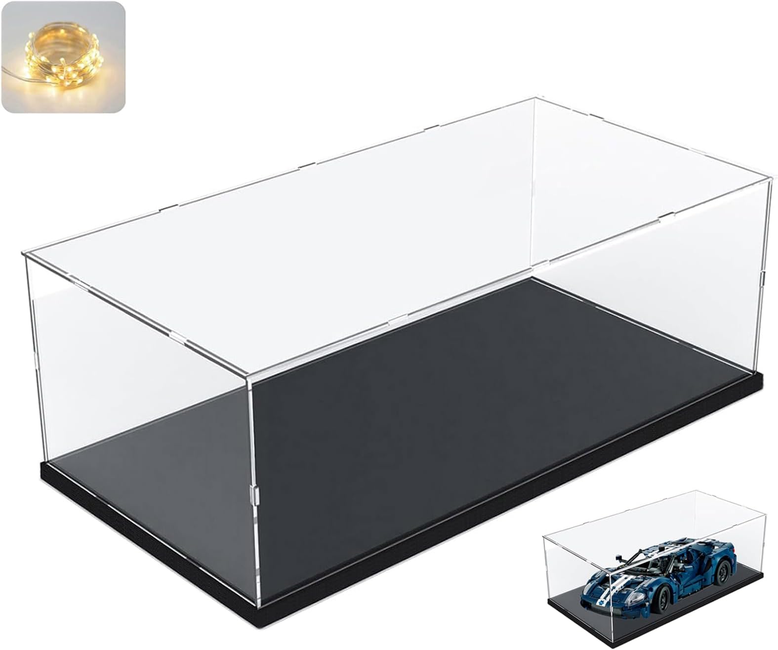 Lego BTS Dynamite 21339 Collectors Thick Clear Acrylic Display Case, Clear Box Storage Organizer Protective Showcase with Wood Plastic Base & Light, Black Interior 17.7x9.8x7.9 inch