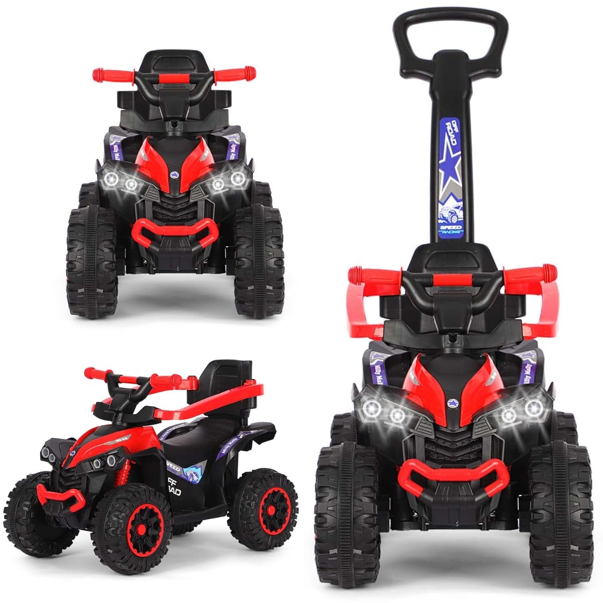 Milly Mally Wild Kinder Rutschauto mit Schubstange | 3-in-1 Offroad Quad Kinderfahrzeug für Kleinkinder 12-36 Monate | Rutschfahrzeug mit LED-Licht, Sound & Schutzbügel bis 25 kg (Red)