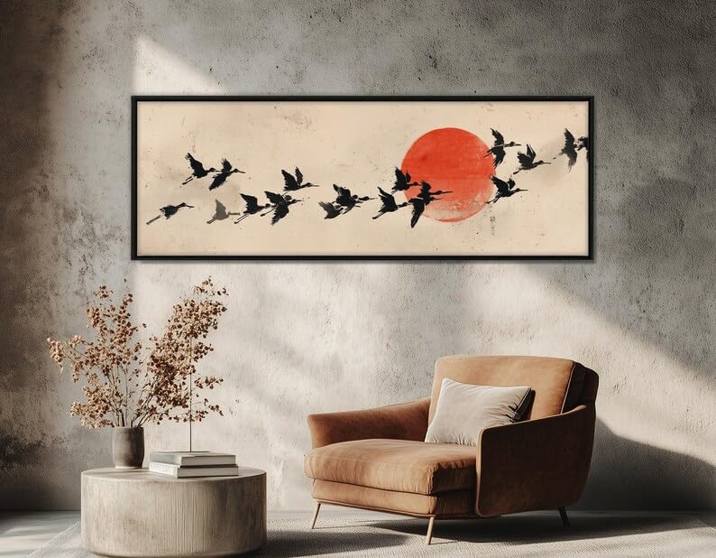 Décoration murale japonaise oiseaux volants soleil rouge
