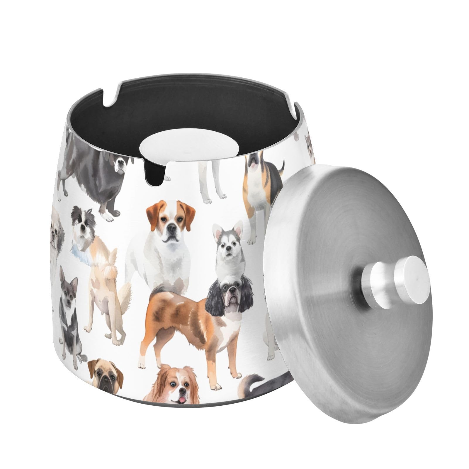 Dog Breeds Ashtray with Lid, Outdoor Ashtrays for Patio, Stainless Steel Ashtray Odorless Smokeless for Home Office Balcony