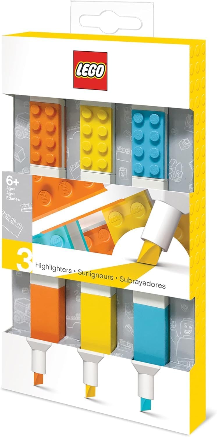 LEGO Stationery 3 Pack Highlighter Markers with 4x2 Building Bricks - Yellow, Orange, Blue (51685)
