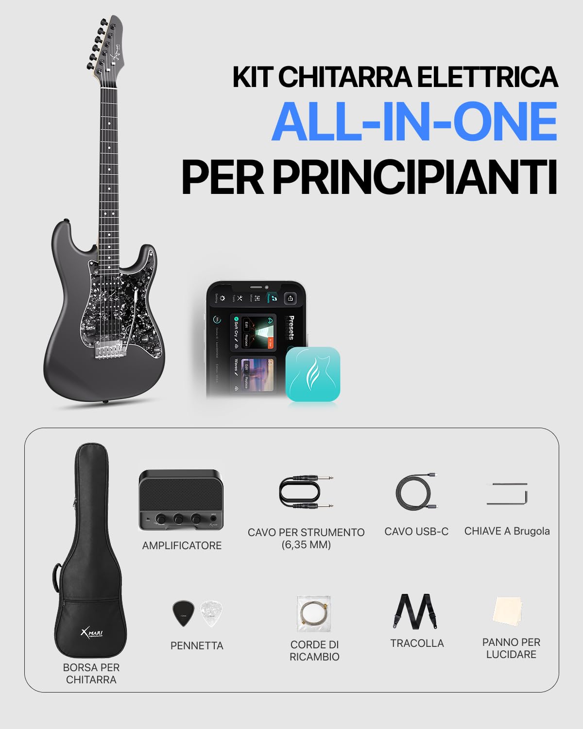 Enya XMARI - Chitarra elettrica intelligente con effetti DSP integrati, 4 preset, registrazione USB-C OTG, uscita cuffie, pickup in Alnico con bobina split, corpo in fibra di carbonio, amplificatore