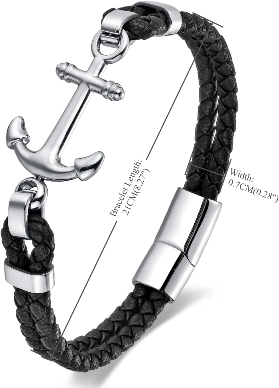 Mens Nautical Anchor Bracelet, Black Braided Leather with Silver Stainless Steel Anchor Sailor Bracelet for Men, Classic and Elegant Style - Image 3