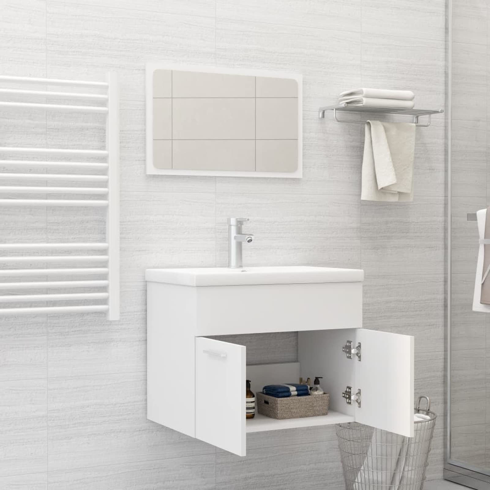 Homgoday Set Mobili da Bagno Bianco in Truciolato, Credenza Armadio Armadietto da Pavimento per Bagno Mobiletto Portaoggetti Ripiani Armadio di Stoccaggio per Camera Ufficio e