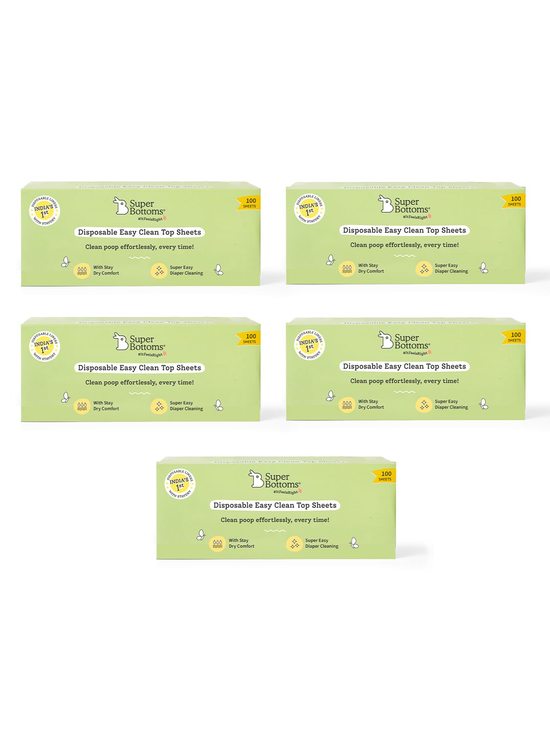 superbottoms Disposable Easy Clean Top Sheets l Easy To Dispose l Compatible With Cloth Diaper, Langot & Padded Underwear l Hypoallergenic, Skin-Friendly|(100 Per Pack) Pack of 5-image-1