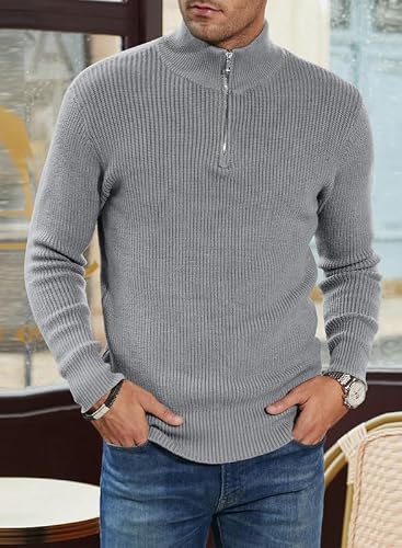 Jmierr Mens 1/4 Zip Up Sweater Knit Highneck Slim Fit Polluver Sweaters For Man With Ribbed Edge,Us 49(2Xl),Gray #TOP2