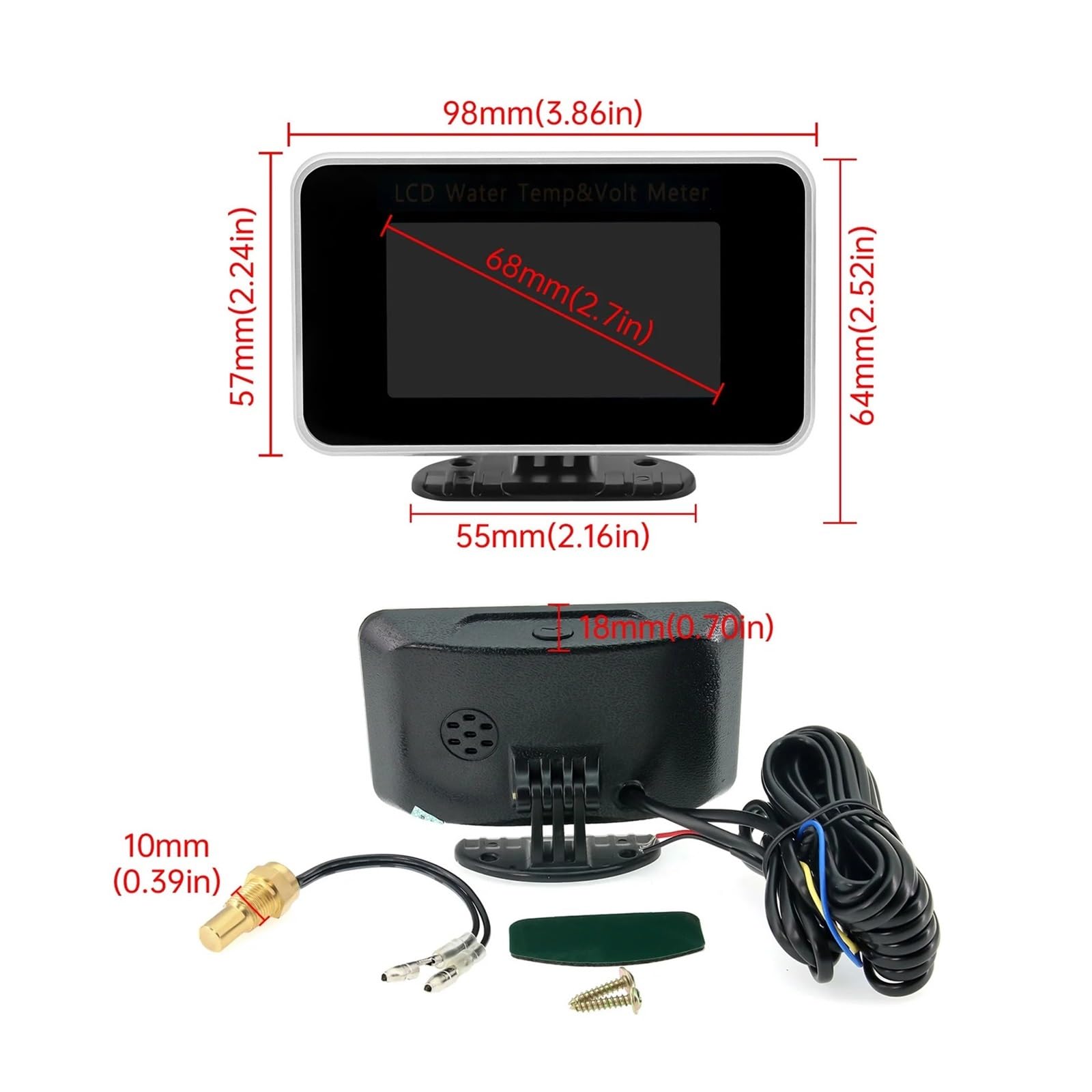 Medidor LCD 2 En 1 con Sensor De Temperatura De 10mm, Voltímetro, Medidor De Temperatura del Agua, Adaptador De 26~40mm (Opcional) For Coche Y Camión De 12V/24V(10pcs Mop)