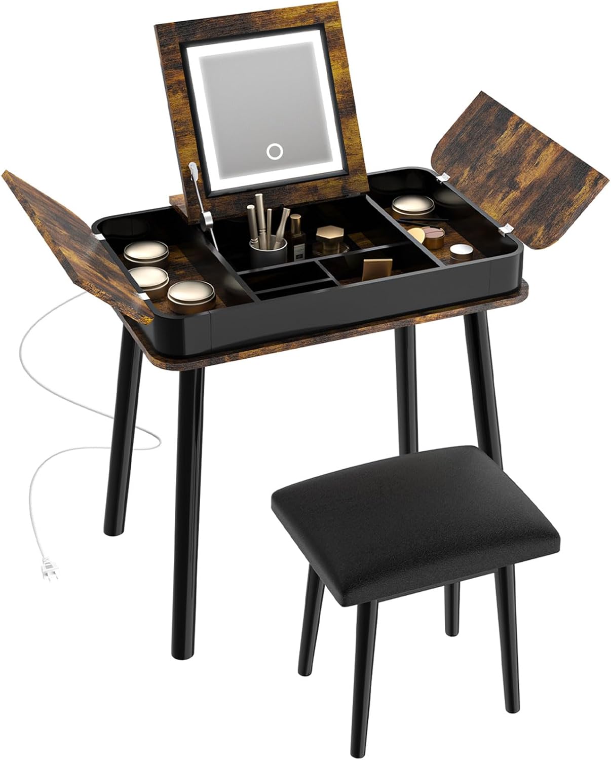 Generic Eyfyfes Small Vanity Desk with Flip Top Mirror & 3-Color LED Lights,Makeup Dressing Table with Power Outlet,Cushioned Stool,Brown, Medium