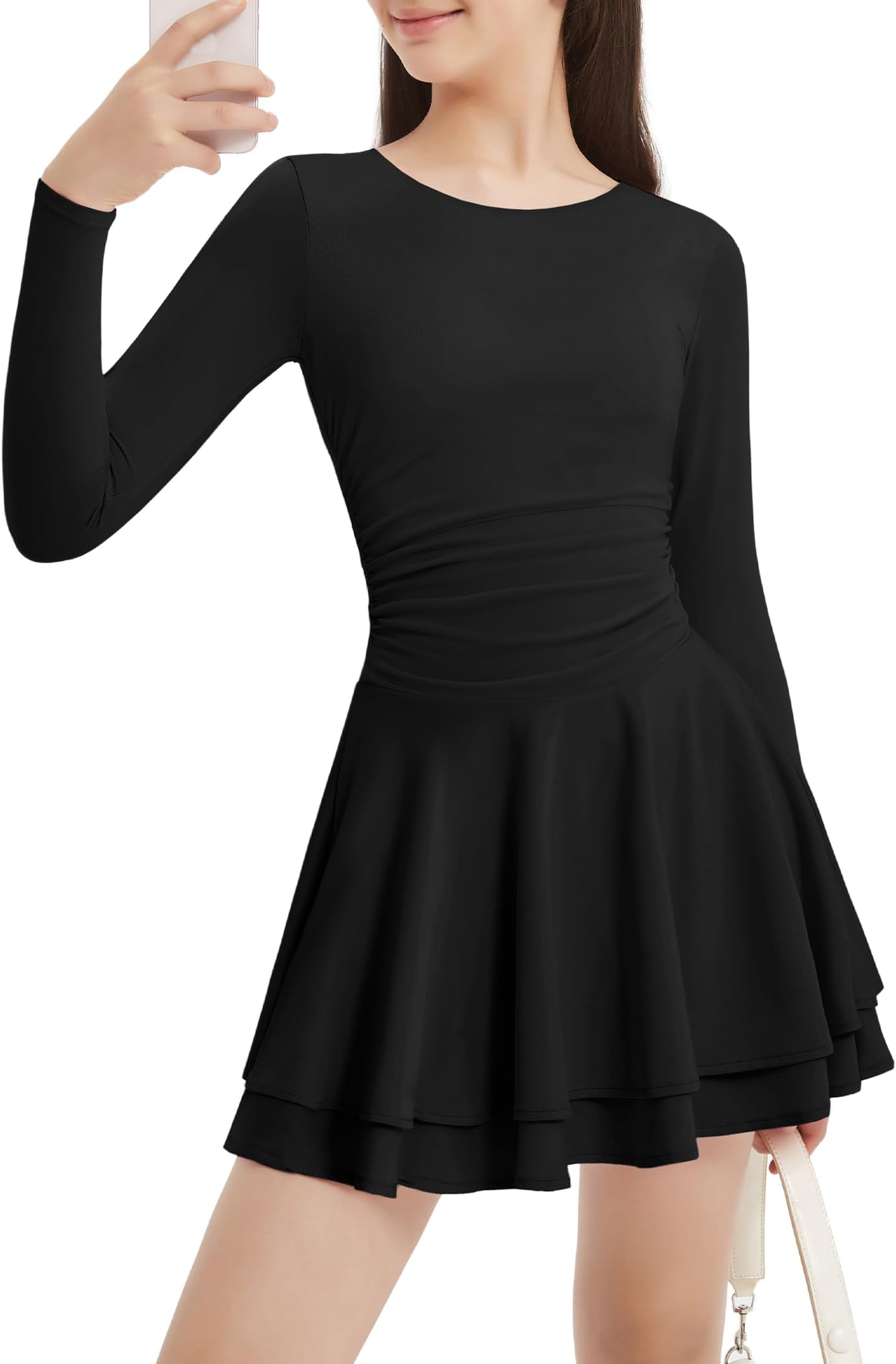 - Girls Dress Padded Long Sleeve/Sleeveless Teen Spring Valentine Flowy Layered Ruffle Ruched Mini Casual Dresses