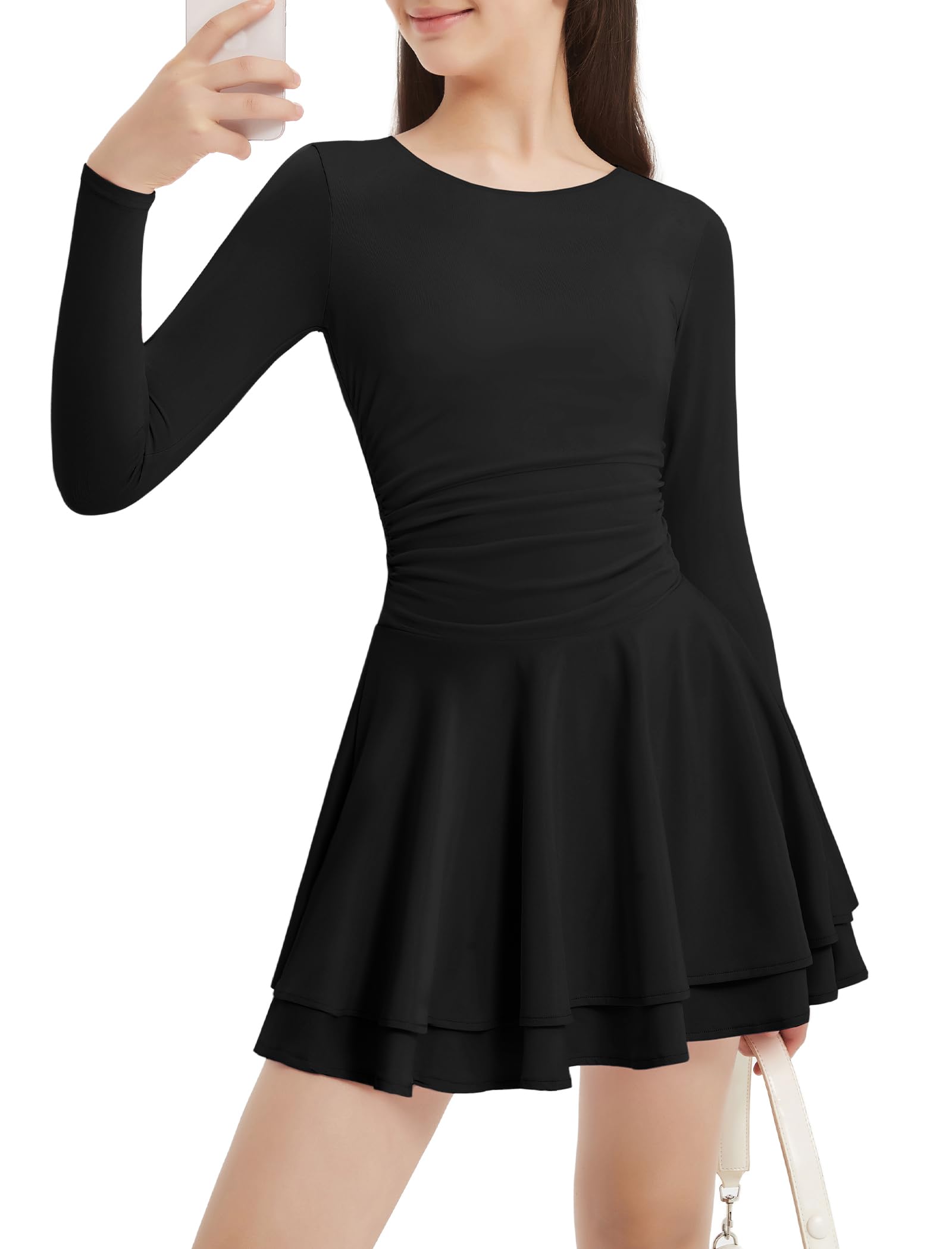 - Girls Dress Padded Long Sleeve/Sleeveless Teen Spring Valentine Flowy Layered Ruffle Ruched Mini Casual Dresses