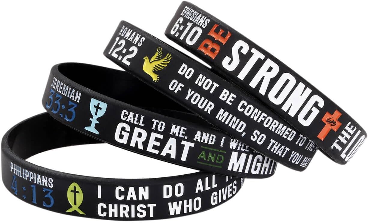 Sainstone 4-Pack Power of Faith Christian Bible Verse Silicone Bracelets - Philippians 4:13, Ephesians 6:10, Romans 12:2, Jeremiah 33:3 - Religious Scriptures Christian Gifts