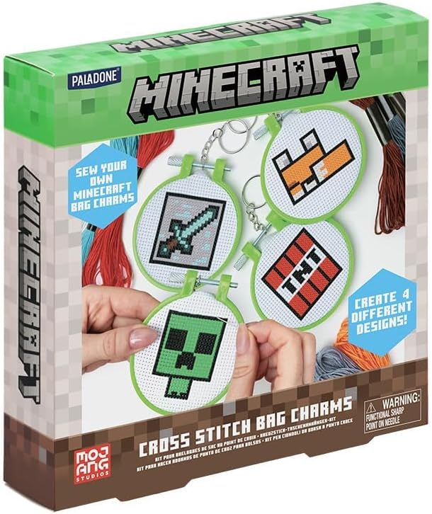 Paladone Minecraft Officially Licensed Cross Stitch Charm Set of 4, Creeper, TNT, Sword and Fox, Idea Gamer Gift for Boys and Gifts, Arts and Crafts DIY Gaming Decor and Accessory