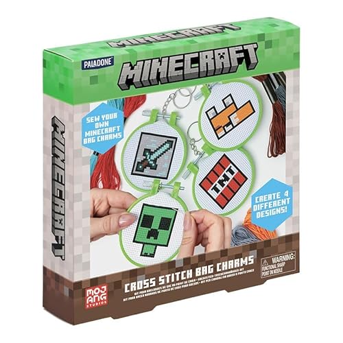 Paladone Minecraft Officially Licensed Cross Stitch Charm Set of 4, Creeper, TNT, Sword and Fox, Idea Gamer Gift for Boys and Gifts, Arts and Crafts DIY Gaming Decor and Accessory