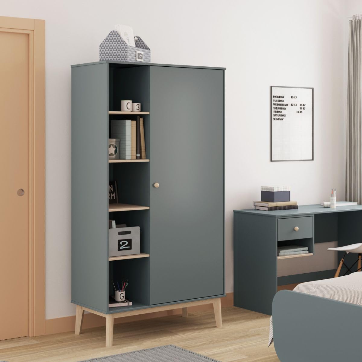 AltoBuy Penderie 1 Porte et 5 niches en pin Massif et MDF laqué Vert Kaki et Naturel - Kaina