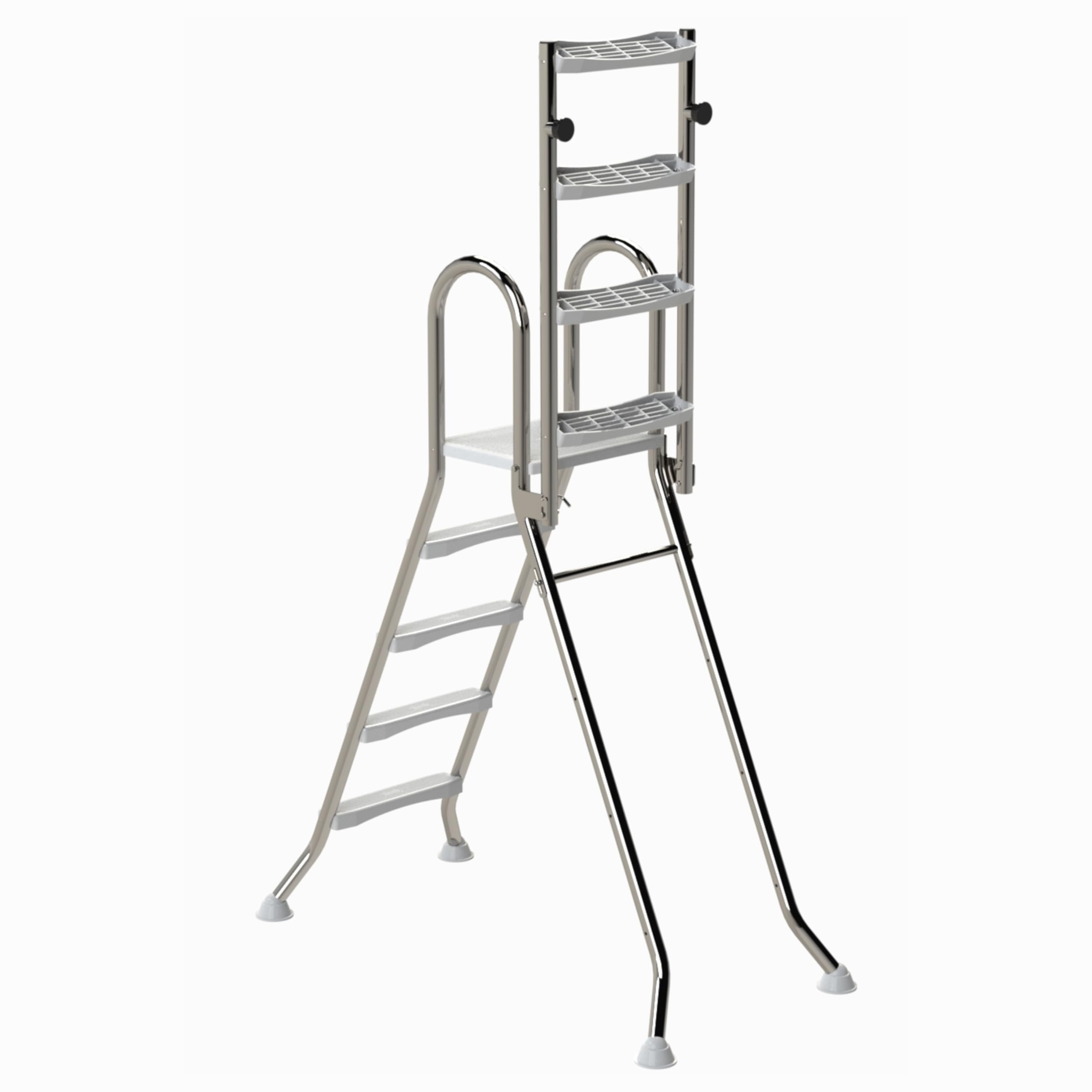 HAF Ideal Eichenwald - Scala di sicurezza per piscina rialzata, 4 + 4 gradini (1,2 m/1,2 m) in acciaio inox V2A, scala pieghevole con gradini antiscivolo e piattaforma, stabile per piscina fuori terra