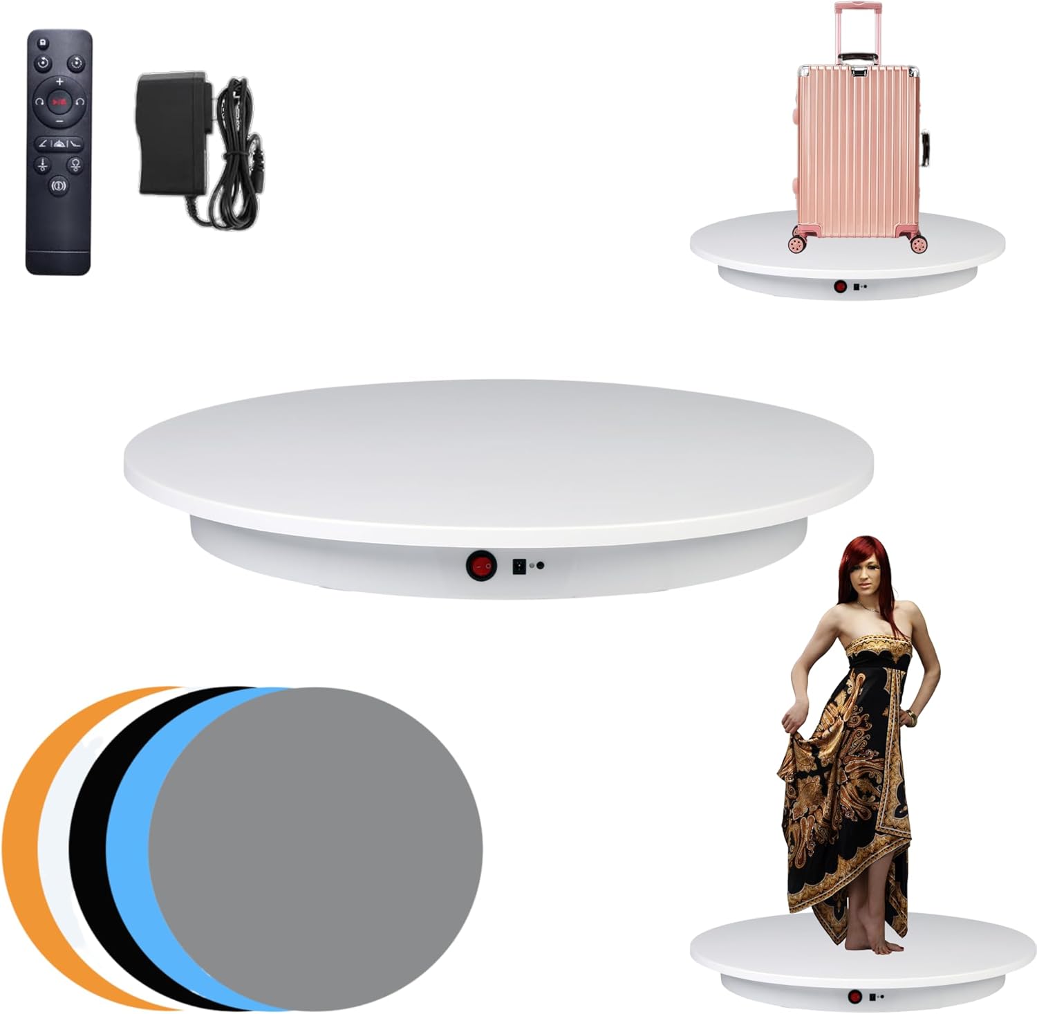 JAYEGT Motorized Rotating Display Stand,350Lbs Load?360 Degree Electric Rotating Potography Turntable for Products Display?Live Show? Remote Control +5 Colors Backgrounds (White / 16.5inch /Wired)