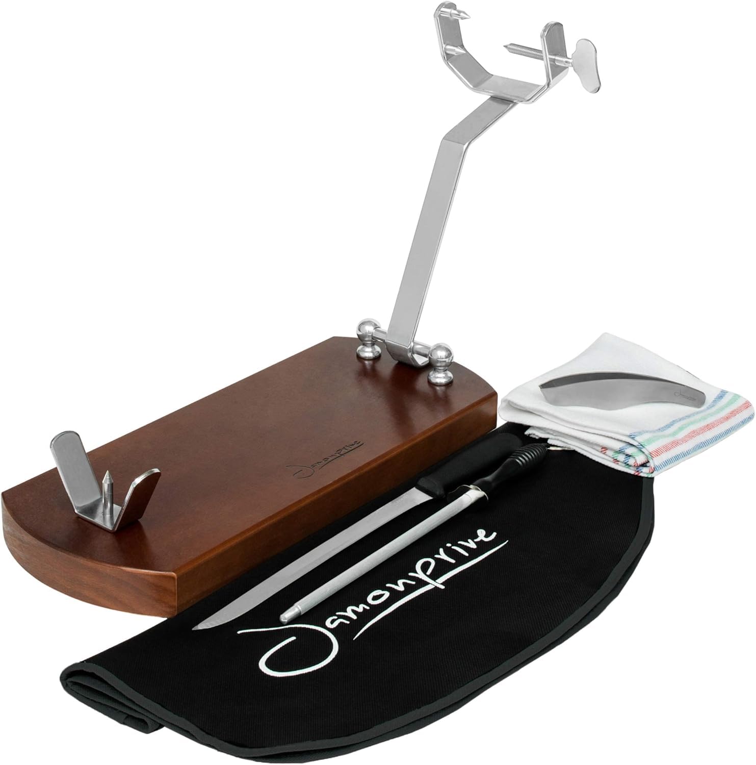 Support à Jambon Pliable avec Base Antidérapante + Couteau + Fusil à Aiguiser + Couvre Jambon + Torchon + Pinces- Kit de Tranchage Professionnel pour Jambon Serrano, Ibérique et Prosciutto