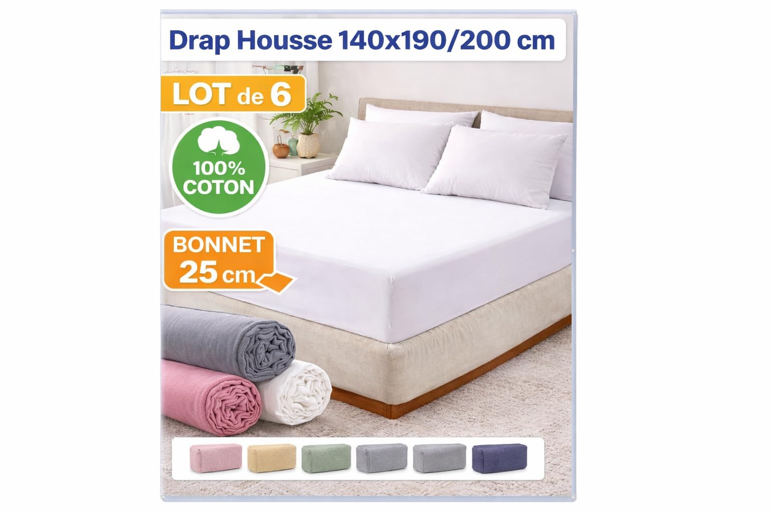 Lot de 6 Draps Housses 100% Coton, 57-Fils - (140x190/200cm)