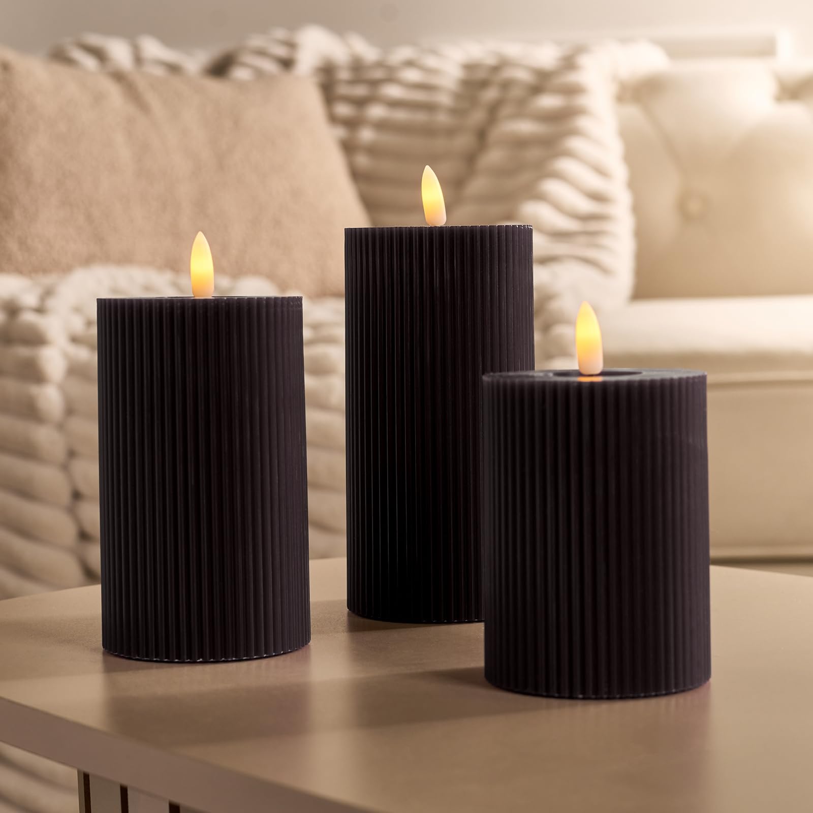 OHS Ribbed Battery Candles Flickering, 3 Pack Realistic LED Candle Warm Flickering Electric Pillar Flameless Candles Battery Tea Lights Home Decor Wedding Event Decor Authentic Mood Lighting, Black