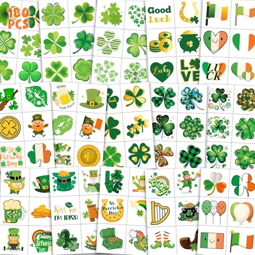 180Pcs St-Patricks Day Temporary Tattoos - Shamrock Tattoos Pre Cut Design Saint Patricks St Patty Face Tattoo Stickers Adults Lucky Irish Makeup Party Favors Supplies Traditional Holiday Festival