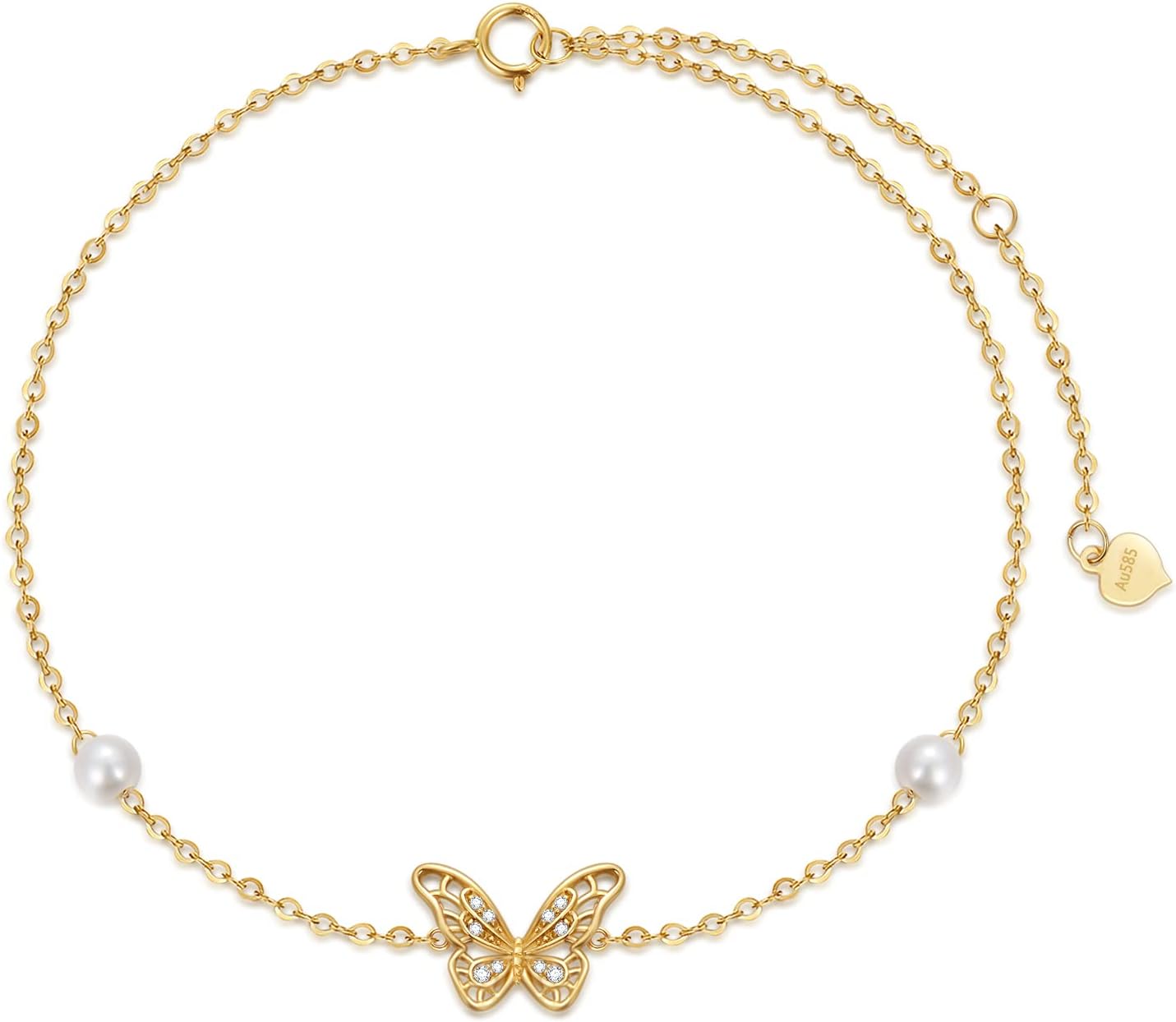 Molioaki 14k Solid Gold Butterfly Anklet For Women Real Pearl Fine Jewelry Ankle Bracelet For Her