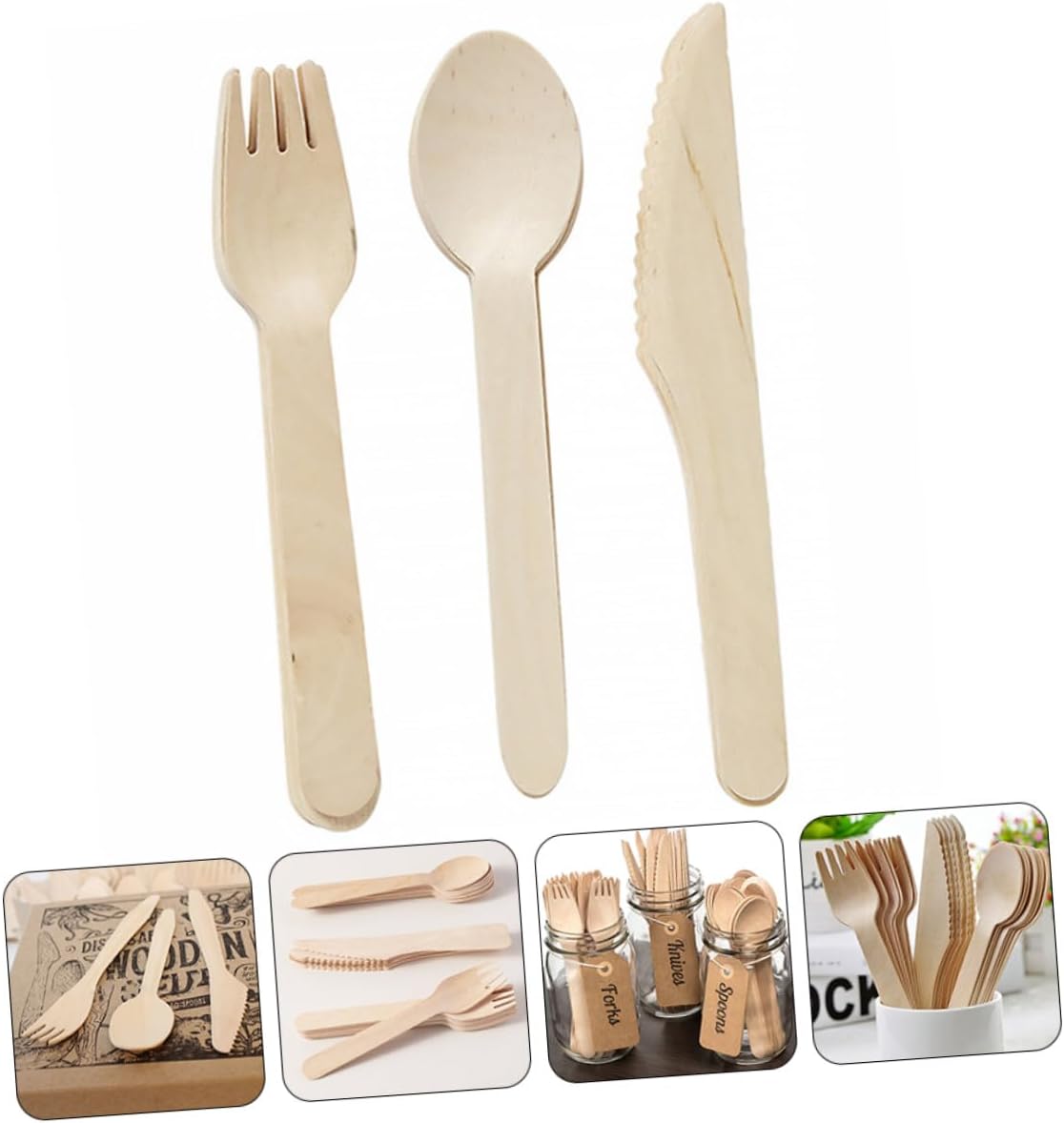Disposable Wooden Cutlery Set 12pcs with Forks Spoons Knives, Biodegradable Party Tableware for Camping Picnic Birthday Gatherings