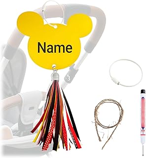 Stroller Identification Name Tag Pendant,Wood Hanger with Custom Name,Quickly Locate Your Stroller in Crowded Parks, Airports (Yellow-Colored Tassels)