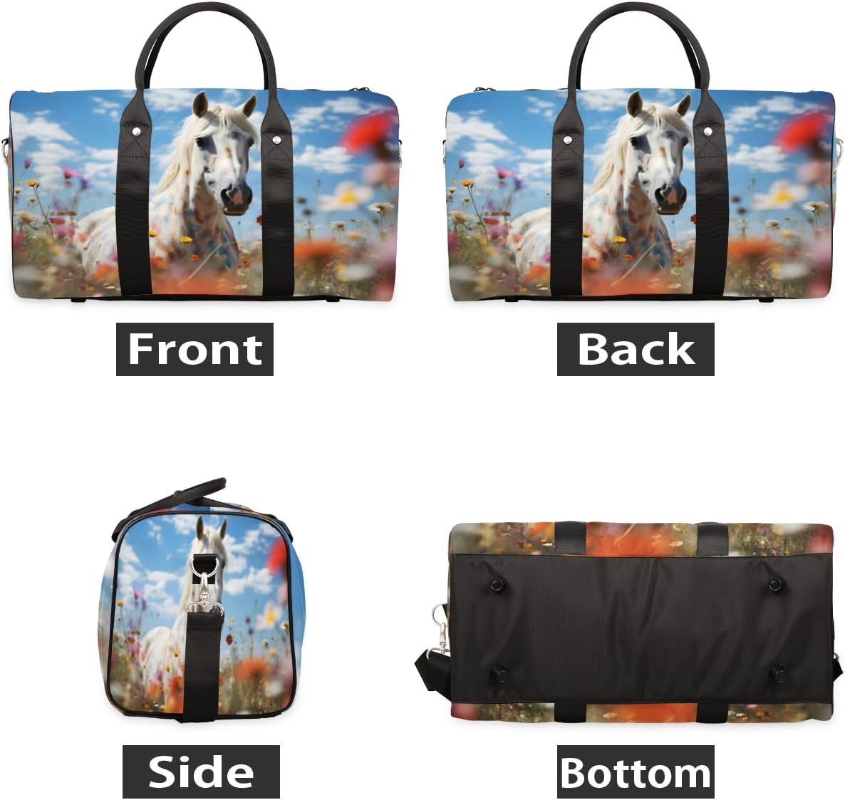 White Horses Flower Fields Travel Duffel Bag for Women Men Large Capacity Overnight Weekender Bags for Lightweight Waterproof Sport Gym Bag for Workout Yoga Swim