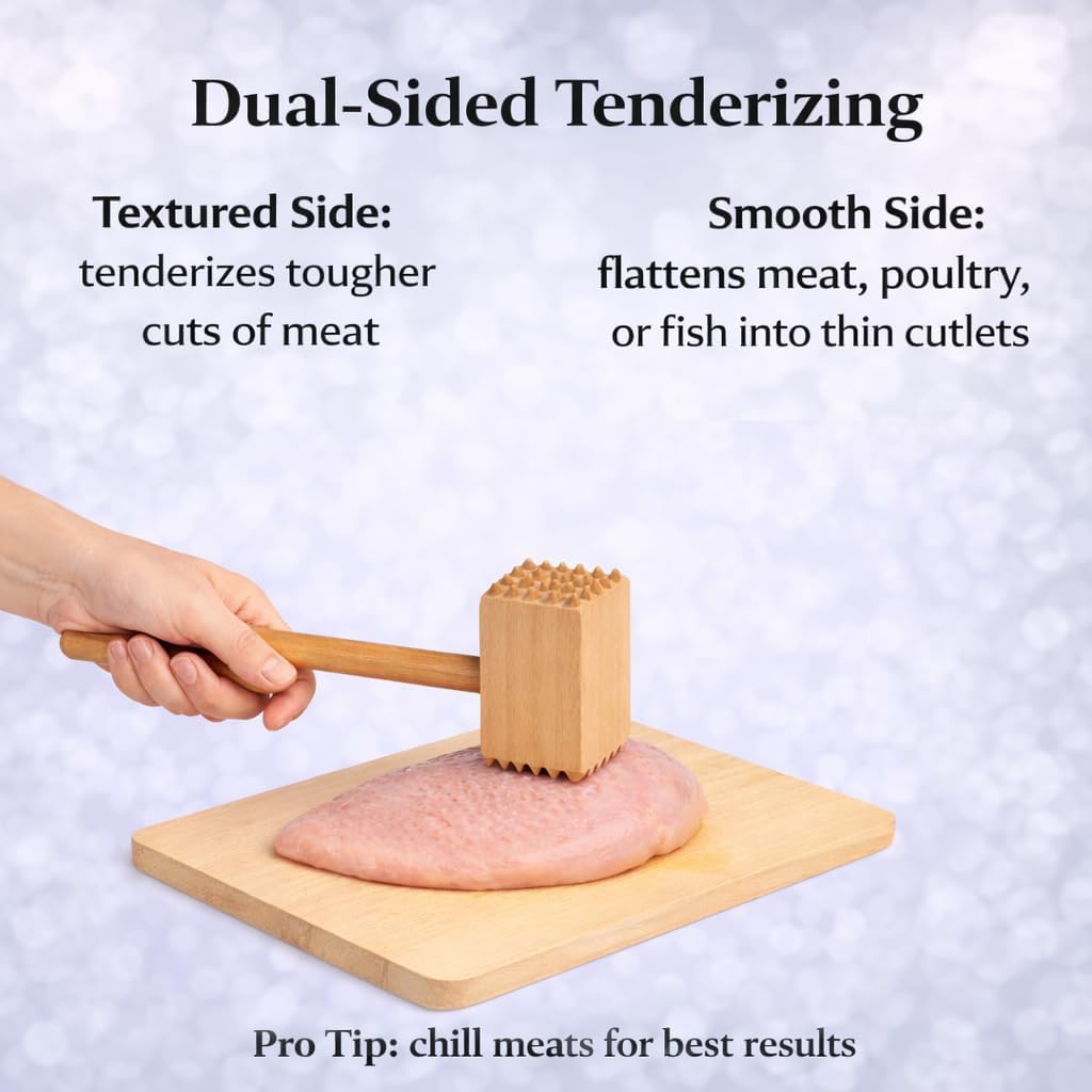 HIC Kitchen Wooden Meat Tenderizer Mallet Marinating Prep Tool, Double Sided, FSC-Certified Beechwood, For Flattening Cutlets And Tenderizing Meat image 2