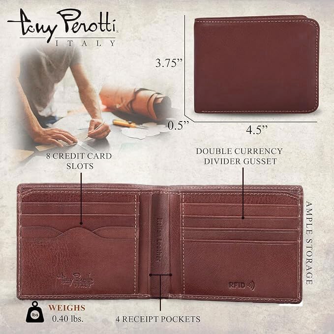 Tony Perotti Men's Italian Leather Bifold Slim Wallet With Card Holders, Pockets - Eco-Friendly Tanned Full Grain3