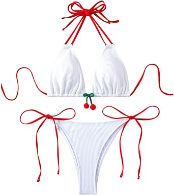 Women Swimsuits 2026 Cherry Triangle Bikini Set Two Piece Bathing Suits Sexy Halter Side Tie Ribbed Comfy Swimwear
