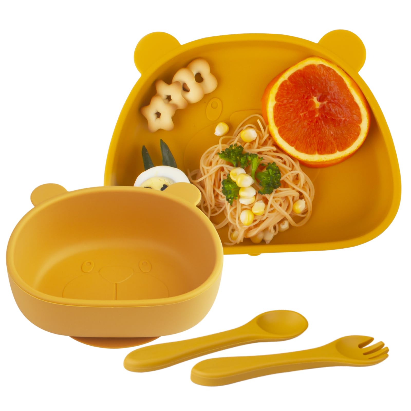 Set Vaisselle pour Bébé Silicone avec Ventouse, 4 Pièces, Set Repas pour Enfants, Inclus Anti-dérapant Assiette, Bol, Cuillère + fourche, Compatible Lave-vaisselle, Micro-onde, sans BPA (jaune)