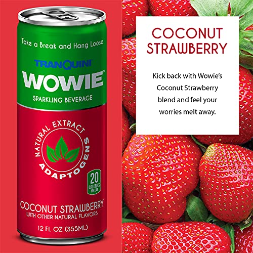 Wowie by Tranquini Hemp-Infused Beverage, Herbal Adaptogens for Stress Relief, All-Natural Relaxation Drink, Coconut Strawberry Flavour, 355 ML Sleek Can (12-Pack) - Image 4