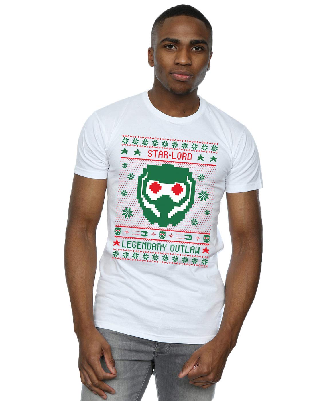 Absolute Cult Men's White Marvel Guardians Of The Galaxy Vol. 2 Star Lord Fair Isle T-Shirt X-Large