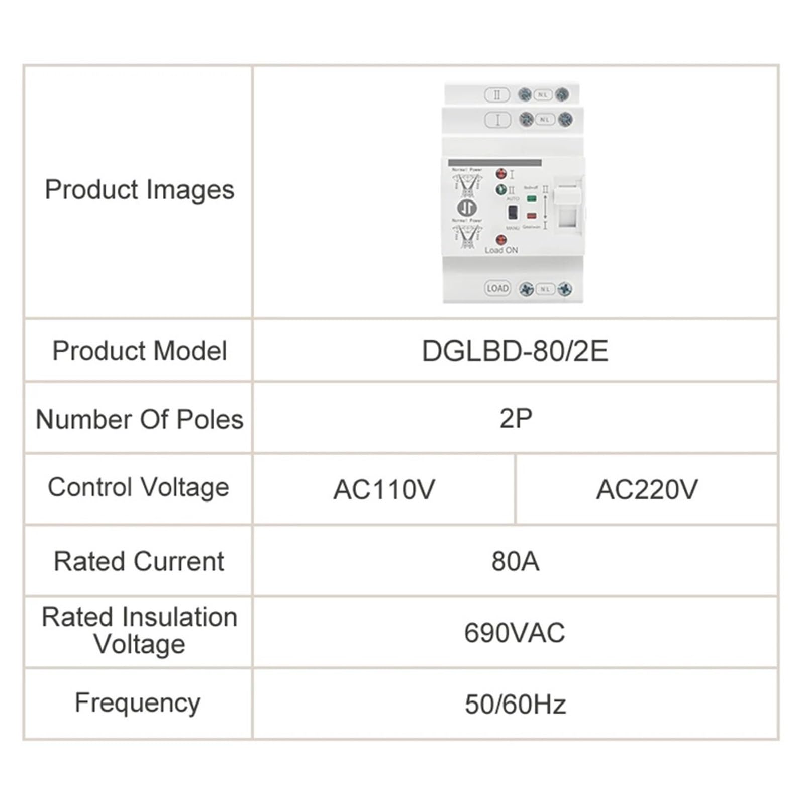 Interruttore di trasferimento automatico a doppia alimentazione Din Rail ATS LN 220/110V 2P 80A piccolo, selettori elettrici, generatore ininterrotto(2P 110V)