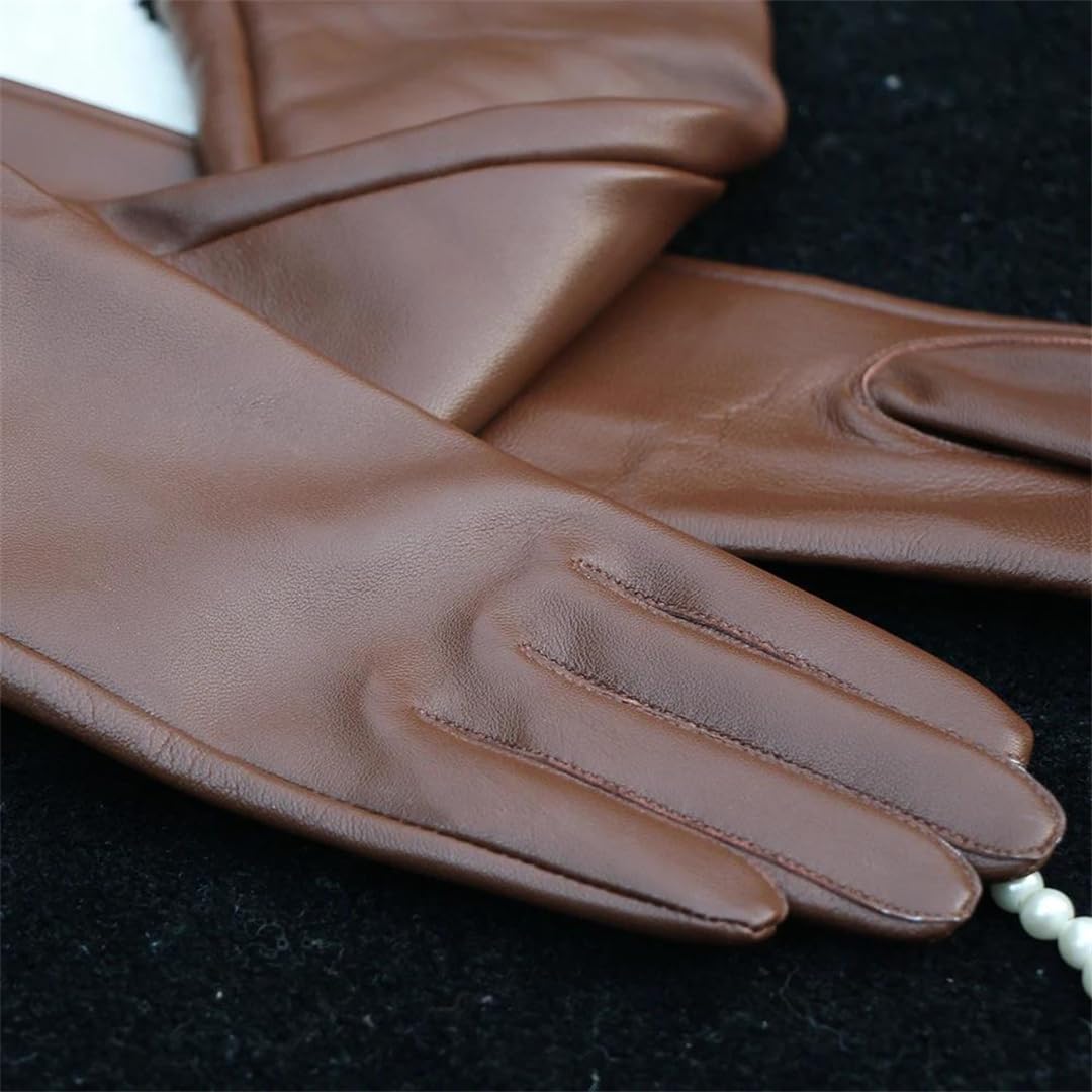 Damen Lange Schaffell Lederhandschuhe Echtes Leder Warm Winter Mode Braun Elegant Stil