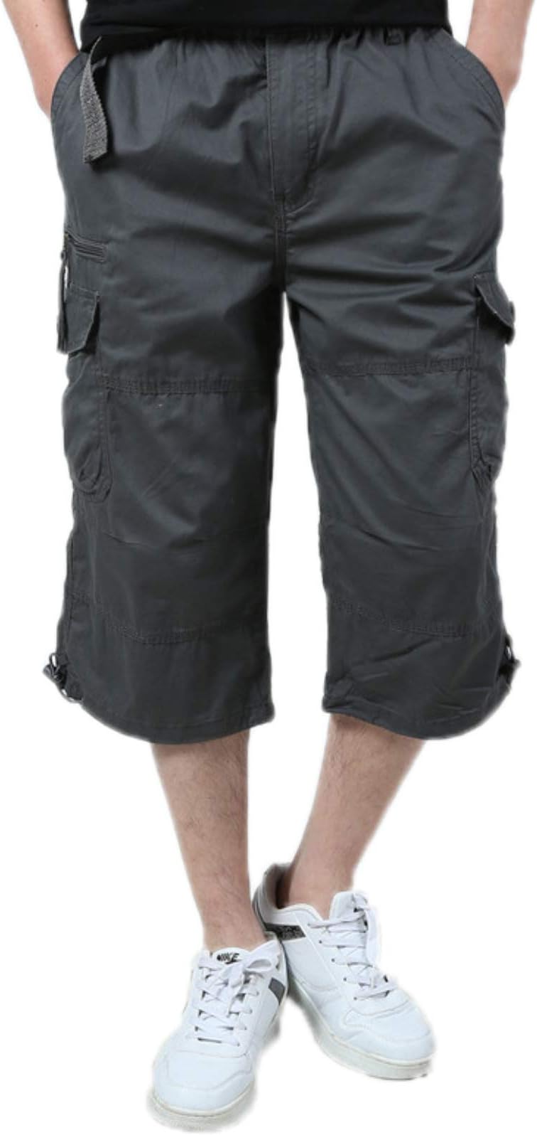 ZumZupMen's Casual Twill 3/4 Cargo Shorts below Knee Multi-Pocket Capri Long Shorts Waist Elastic Cargo Summer Combat Shorts Loose Fit Cotton Outdoor Work