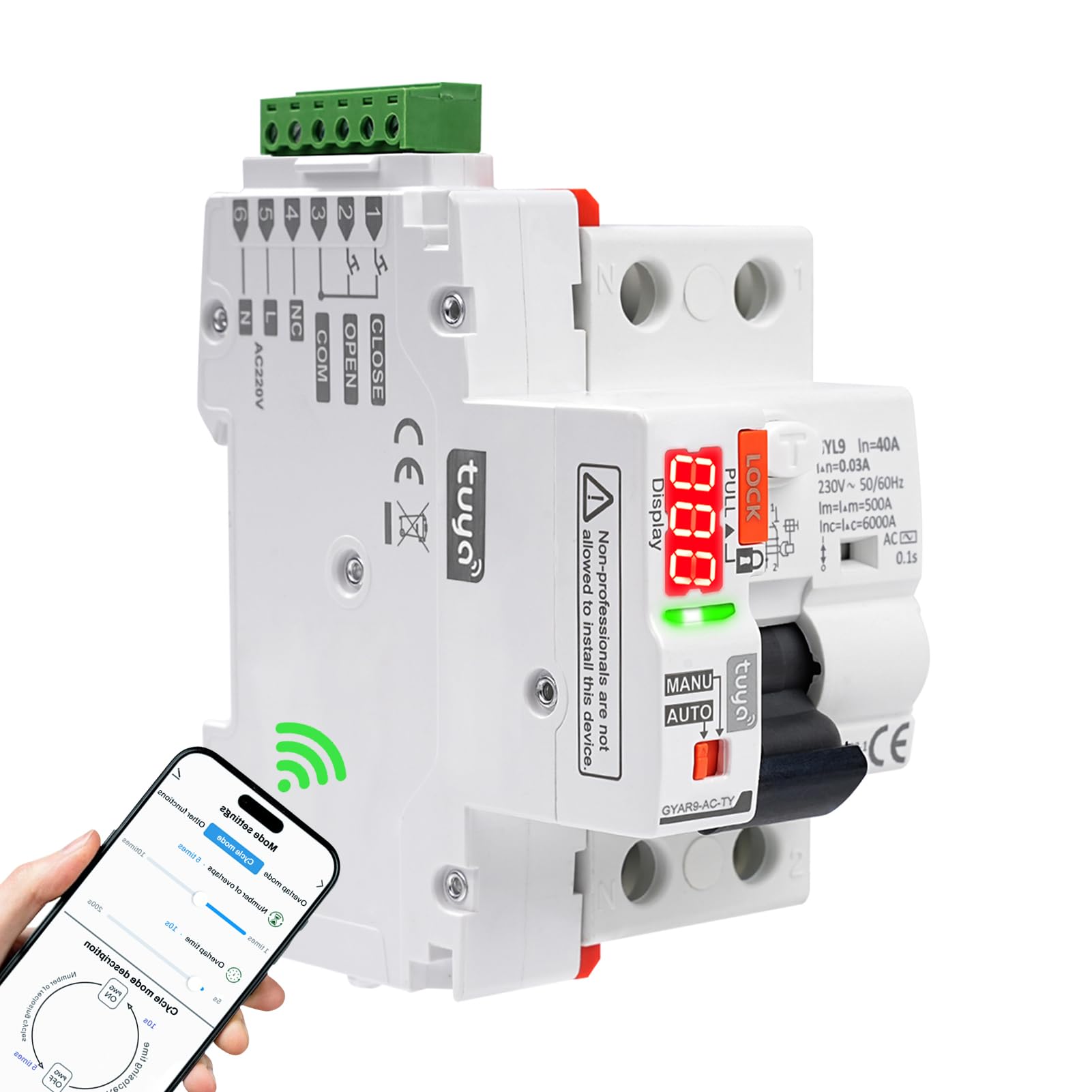 Diferencial auto rearmable wifi diferencial 40A 30ma Interruptor automatico rearme 2P Wifi RCCB digital LED Control APP/manual AC 220V 40A 30mA (tipo AC)