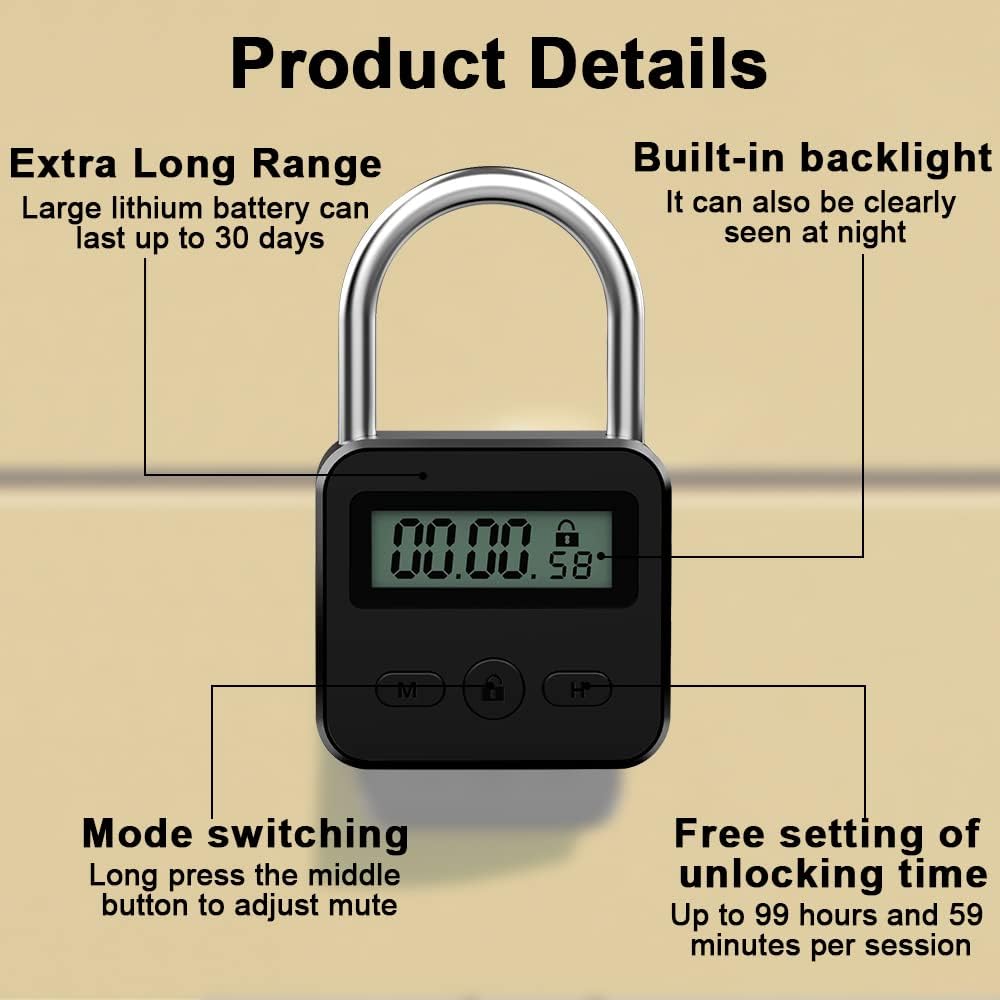 Verrouillage de temps intelligent, Smart Time Lock avec LCD Écran, minuterie électronique 99 heures maximum, cadenas de minuterie rechargeable USB pour Prévenir Les Mauvaises Habitudes (Noir)