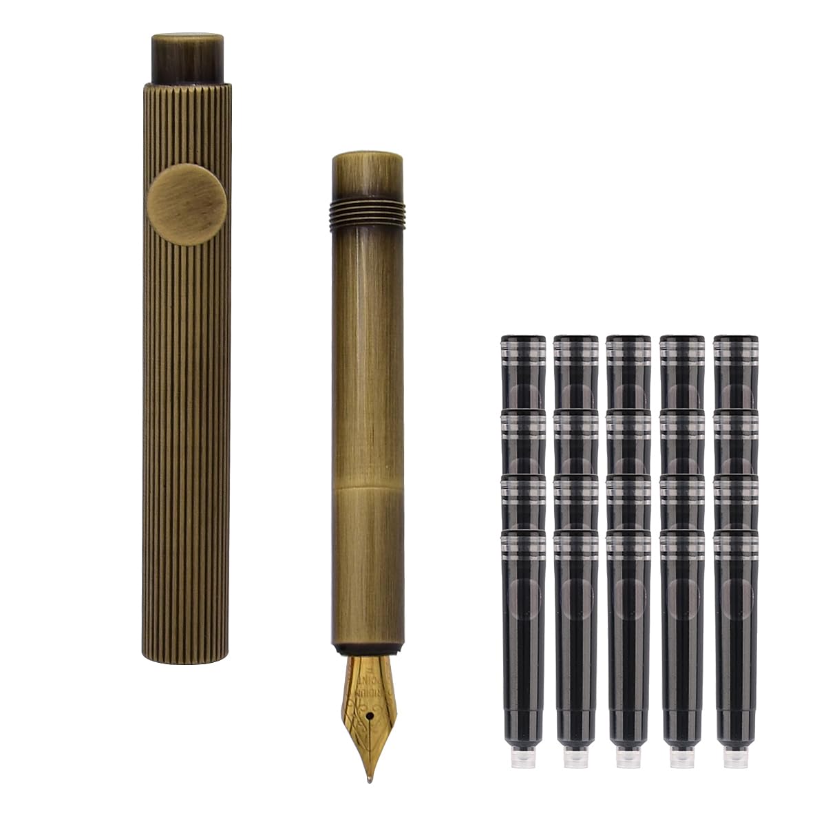 SIPLIV Bronze Fountain Pen Short Paragraph Pocket Mini Travel Fountain Pen with 20 Pcs Black Ink Cartridges - Vertical Line, Iridium Fine Nib(0.50mm)