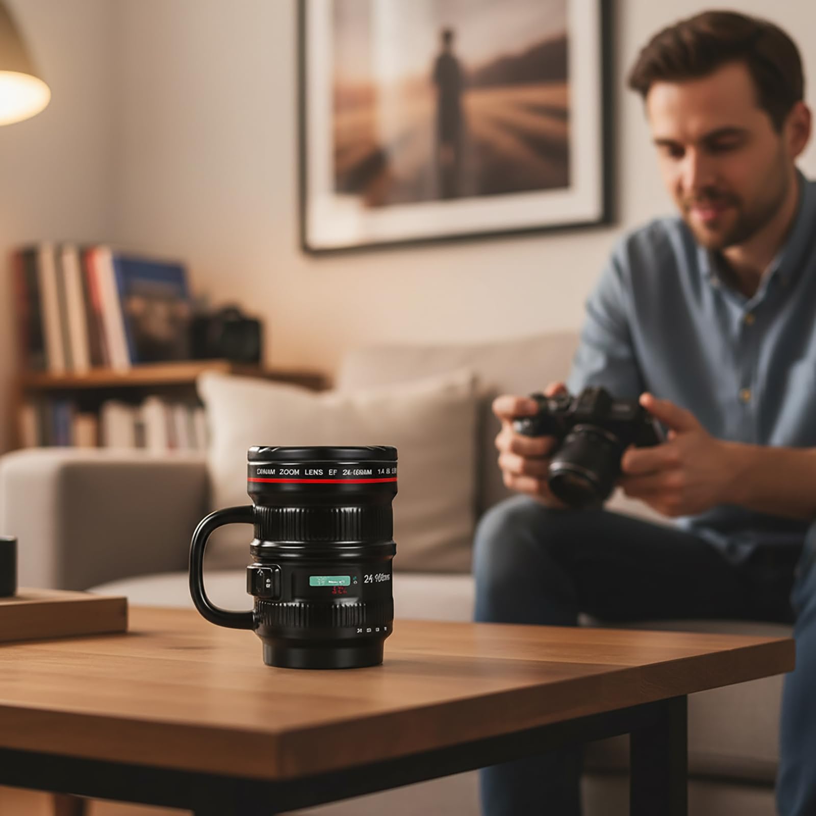 WENSSY Camera Lens Mug Large 16OZ, Ceramic Camera Lens Mug with Lid and Handle, Cool Photography Gifts for Photographers Christmas