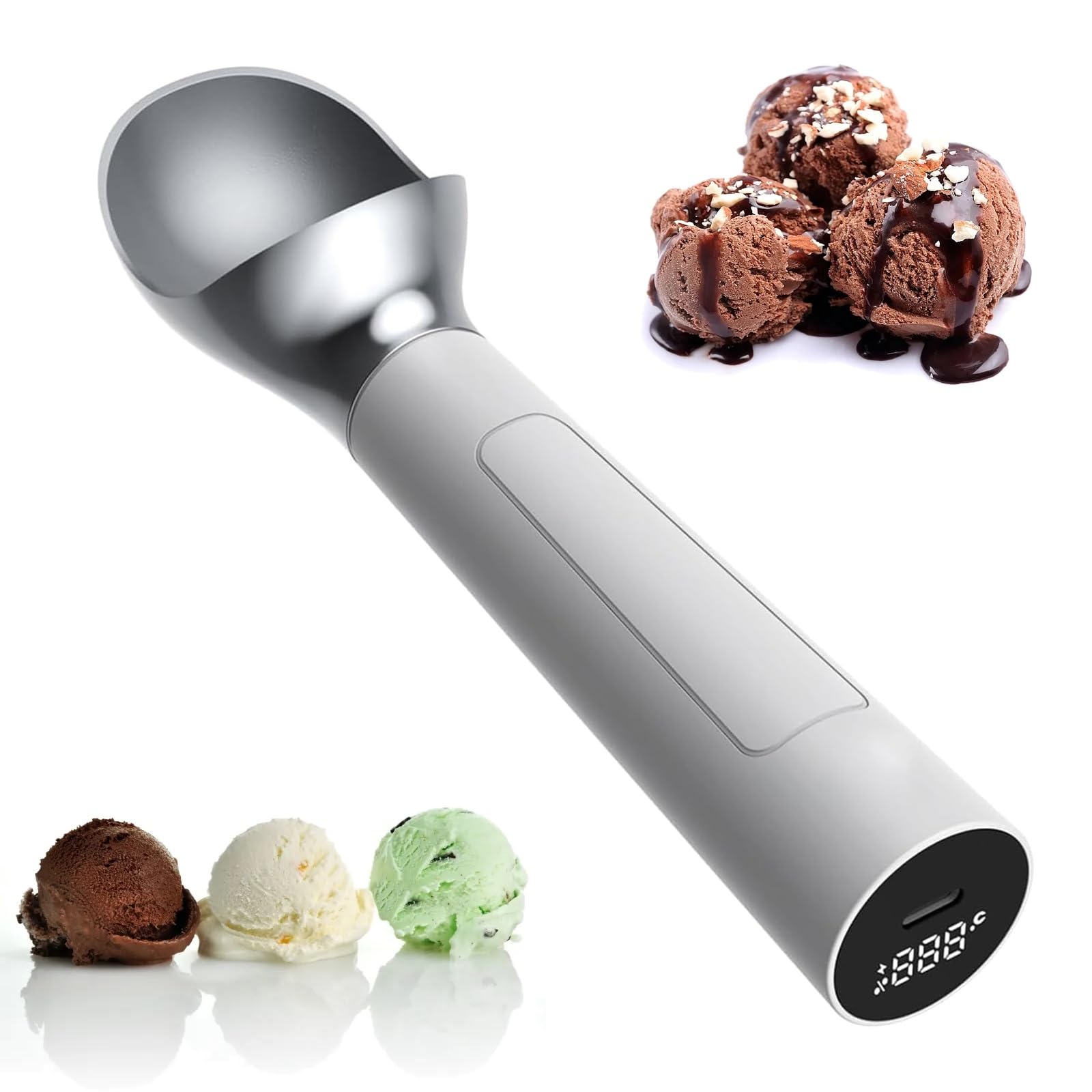 Cuchara eléctrica para helado, cuchara termostática inteligente con calefacción con pantalla LED, funcionamiento sin botones, capacidad de 2 onzas para recoger fácilmente helado duro