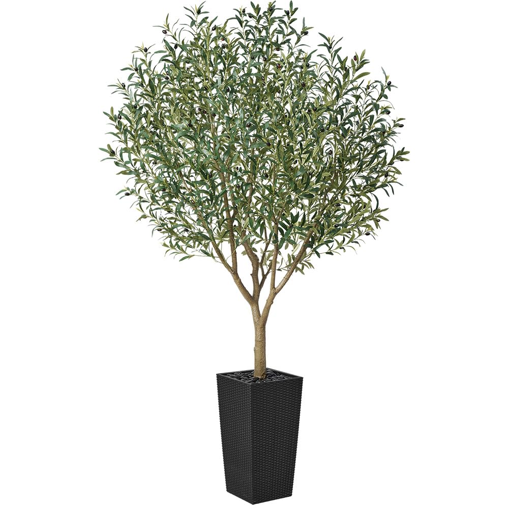 VeriNatural Artificial Olive Tree 8FT, UV Resistant Tall Fake Tree Indoor Outdoor with Black Taper Planter & Pebbles – Potted Large Faux Plant for