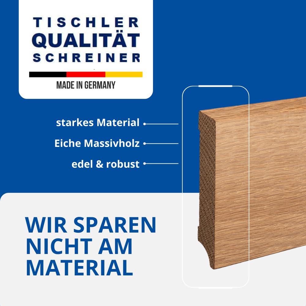 REESE | MASSIVHOLZ Sockelleiste | Leipziger Profil | Eiche ROH | Oben Abgeschrägt | 100mm Höhe - 1 Stück / 2,3lfm