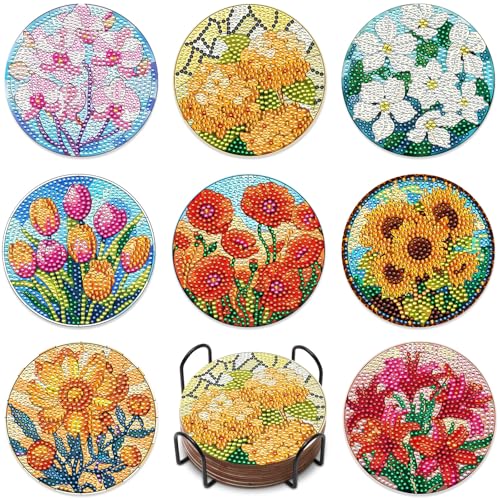 8-teiliges Blumen-Diamant-Untersetzer-Set DIY-Diamant-Untersetzer-Bastelset für Büro Zuhause und Küche Blumen-Tassenuntersetzer mit Diamantmalerei