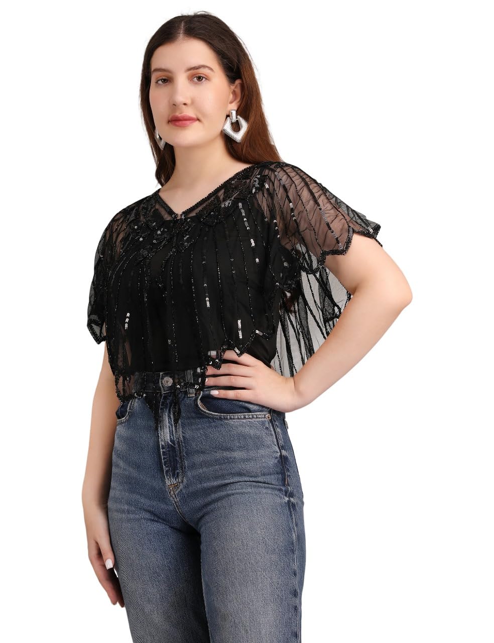 Women’s Black Sheer Embellished Poncho Top – Sequin Party Cape Blouse with V-Neck & Flutter Sleeves | Lightweight Layer for Festive, Evening & Casual Outfits.-image-25