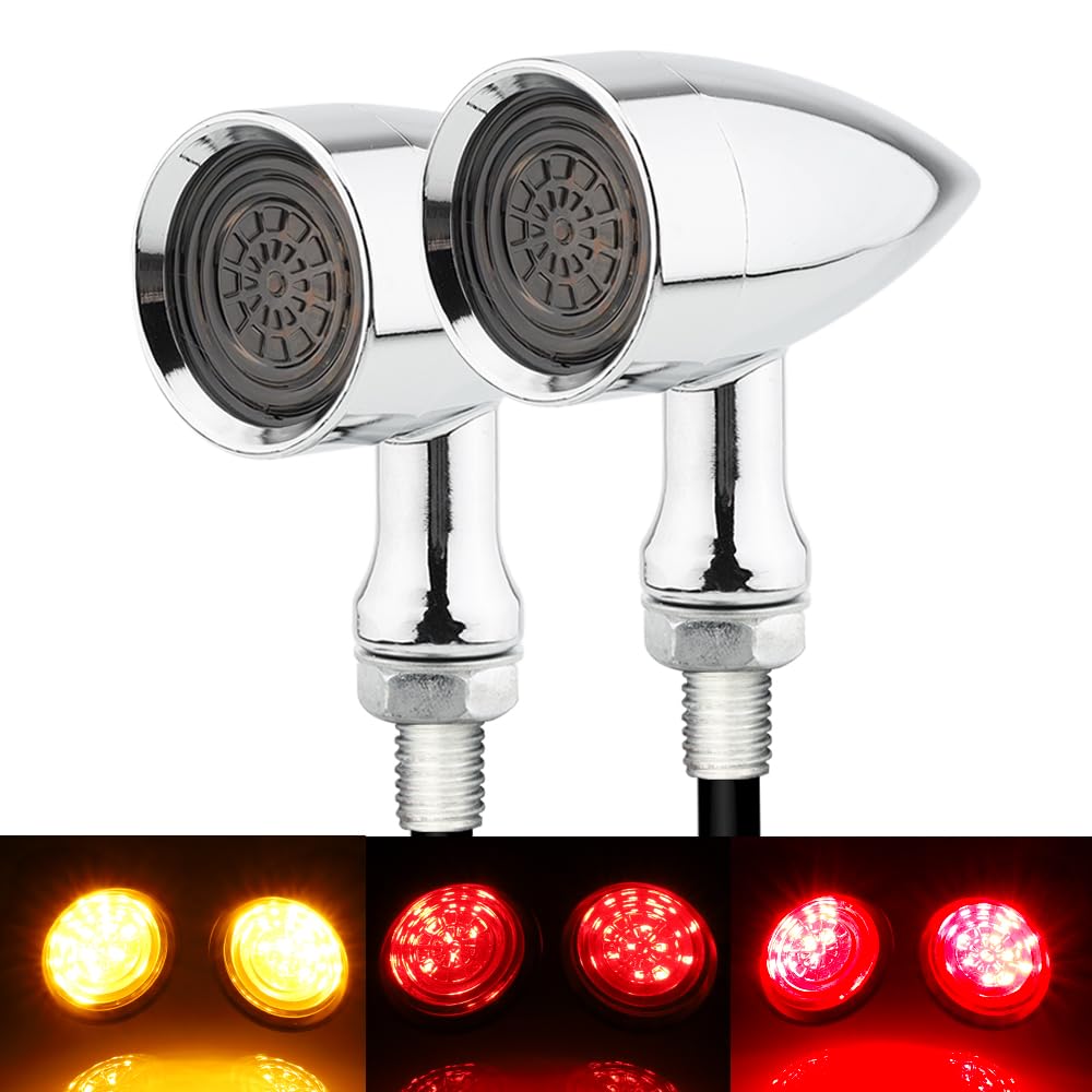 TSUNG Universal Motorcycle LED Turn Signals Lights Small Bullet Front Rear Blinkers Tail Lights for Cruiser Chopper Bobber Cafe Racer Street Bike (Red&amp;Amber Light-Chrome)
